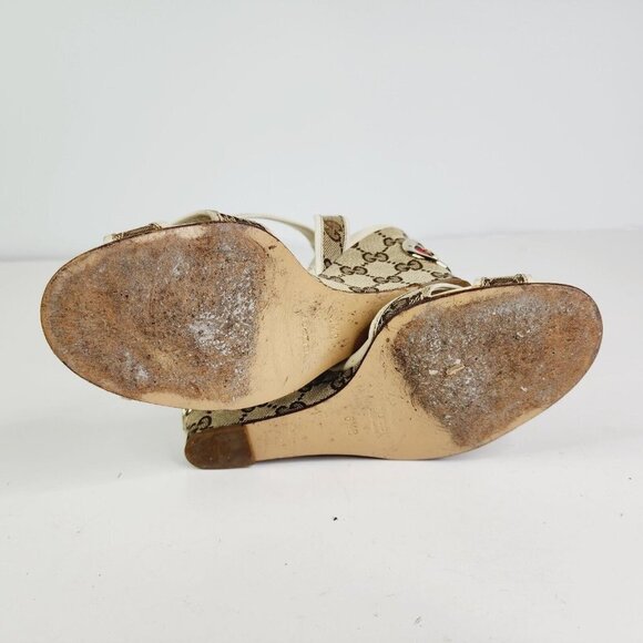 GUCCI Beige GG Canvas Monogram Cross Strap Wedge Ankle Strap Sandal Size 6.5 B - Picture 15 of 16